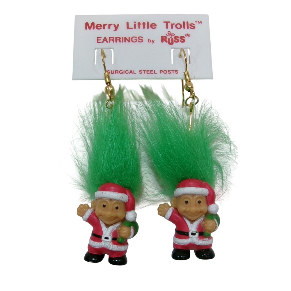 Russ Berrie Merry Little Trolls Santa Earrings Vintage Christmas Green Hair NEW